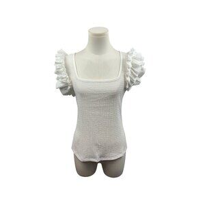 Womens White Ruffle Sleeve Smocked Top S